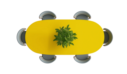 Top-Down View of a Yellow Oval Dining Table with Eight Chairs and a Green Plant