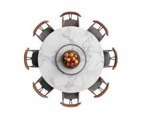 Overhead View of a Round Dining Table with Eight Chairs and Plant Centerpiece