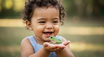 Happy toddler gently holds tiny green frog outdoors soft sunlight. AI Generated