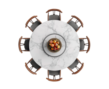 Overhead View of a Round Dining Table with Eight Chairs and Plant Centerpiece