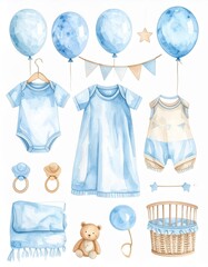 Watercolor Baby Boy Shower Items Blue Clothes, Crib, and Toys