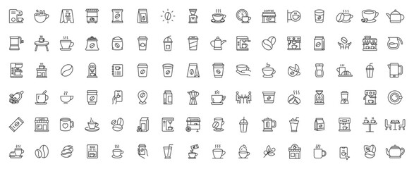 Coffee line icon set. Containing latte, coffee bean, cappuccino, espresso, coffee shop, sugar and caffeine