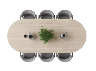 Top View of a Wooden Oval Dining Table with Chairs and Tableware