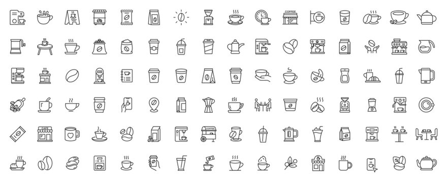 Coffee line icon set. Containing latte, coffee bean, cappuccino, espresso, coffee shop, sugar and caffeine