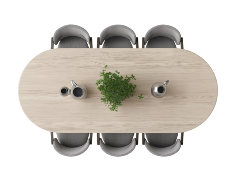Top View of a Wooden Oval Dining Table with Chairs and Tableware