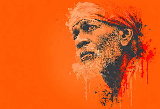 Sai Baba Indian god. Hindu god Shirdi Sai Baba, guru purnima festival poster or banner idea. spiritual master in warm orange tones.
