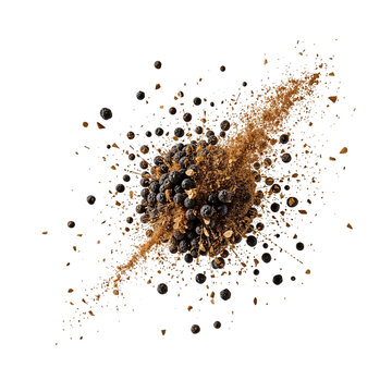 An explosive burst of black peppercorns and golden ground spices suspended mid air creating a on transparent background