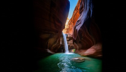 waterfall and emerald pools in the subway a unique slot canyon in zion national park smooth red rock formations and crystal clear water capturing the natural beauty of southern utah slot canyon