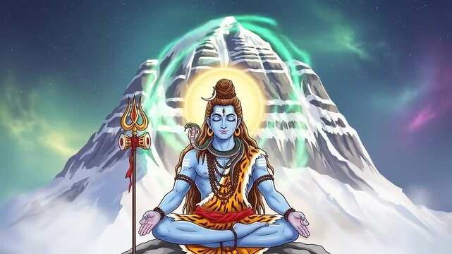 Lord Shiva in Meditation on Mount Kailash Hindu Deity Spiritual Art.