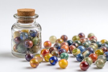 Small glass jar filled with colorful marbles, scattered around it