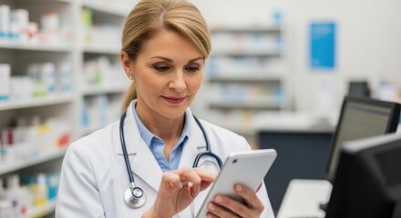 Pharmacist ensuring pharmacy order accuracy through mobile device review.