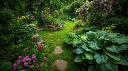 Fototapeta premium Lush garden path lined with colorful flowers and greenery.