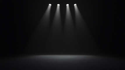 Spotlight Illumination: A minimalist, dark stage lit by four overhead spotlights creates a dramatic and focused atmosphere, highlighting the stage's surface.
