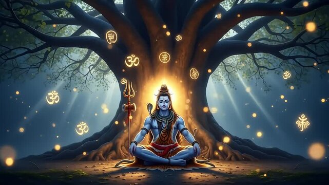 Lord Shiva Meditates Under Sacred Tree Divine Hindu Art Animation.