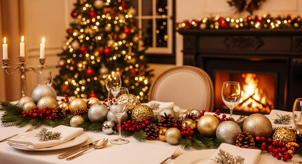 A beautifully decorated holiday dining table awaits guests in a cozy, festive room.