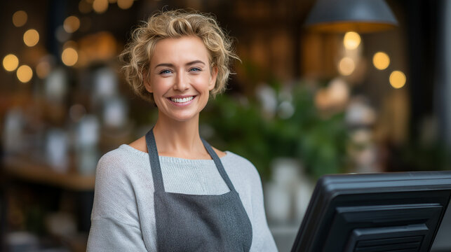 Cheerful small business owner at cash register in warm lighting
