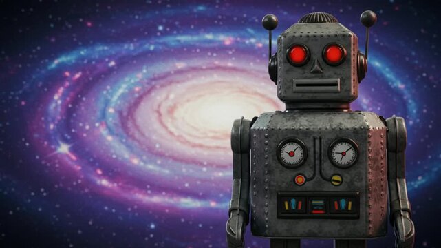 Classic Tin Robot Toy With Red Eyes And Antennas Standing Upright Retro Sci Backdrop