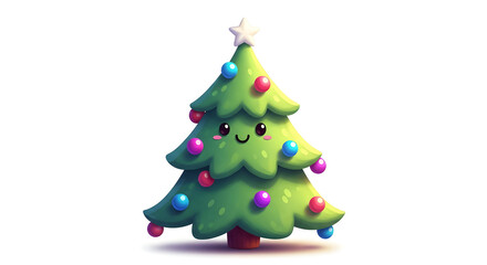 A charming cartoon Christmas tree with a happy face and colorful ornaments stands on a white background.