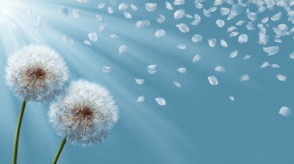 Obraz premium Two dandelion heads against a backdrop of falling petals.