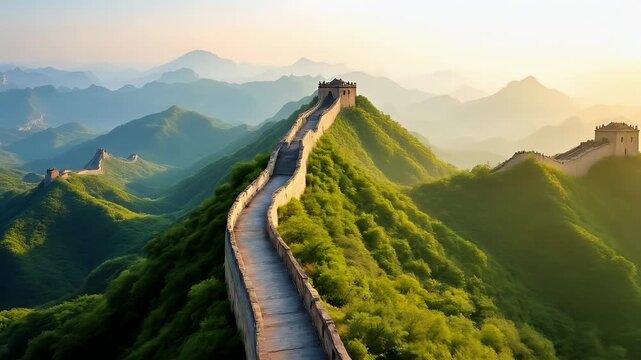 Majestic Sunrise: Aerial View of the Great Wall of China, Serene Landscape