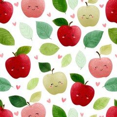 Cute kawaii apple pattern with smiling faces and green leaves on white background