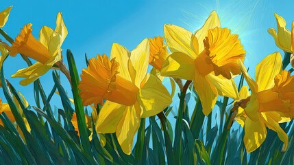 Obraz premium Vibrant yellow daffodils in bright sunlight.