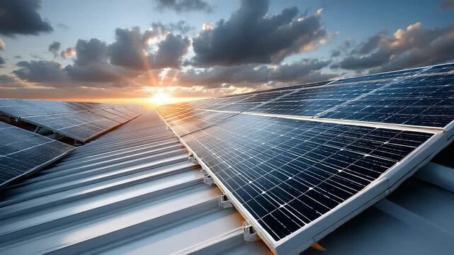 Solar Panel Array: A captivating composition that showcases the sleek panels set against a dramatic sky, symbolizing a commitment to renewable energy and a sustainable future.