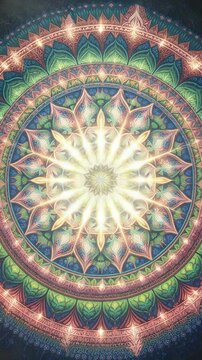 Intricate mandala features vibrant colors and detailed geometric shapes, creating a mesmerizing design that draws the eye with its glowing patterns.