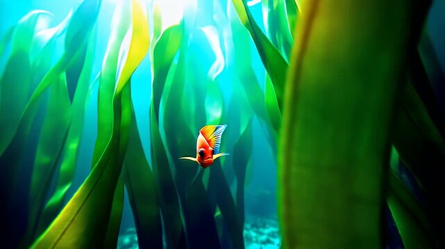 Serene Underwater Scene: Orange Fish Swims Through Vibrant Kelp Forest