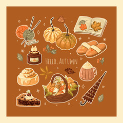 Autumn cozy set. Fall items - pumpkins, books, pastry, candle, mushrooms, and leaves. Vector.