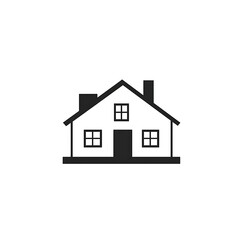 Fototapeta premium Simple Home Icon: A black and white house design, featuring a peaked roof, windows, a door, and chimneys for a classic, minimalist representation of a dwelling.