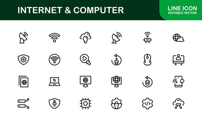 Internet and Computer Vector Icon Pack Featuring Network Device Cloud Browser Symbols in Clean Line Style