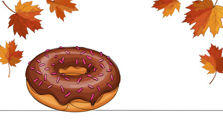 Chocolate Donut with Autumn Leaves &ndash; Watercolor Doodle Illustration for Caf&eacute; and Bakery Decoration

