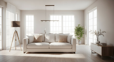 Bright and inviting modern living room with natural light and comfortable furnishings.
