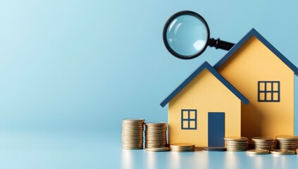 Colorful model houses with coins and magnifying glass on blue background representing real estate investment, home buying, and financial planning concepts