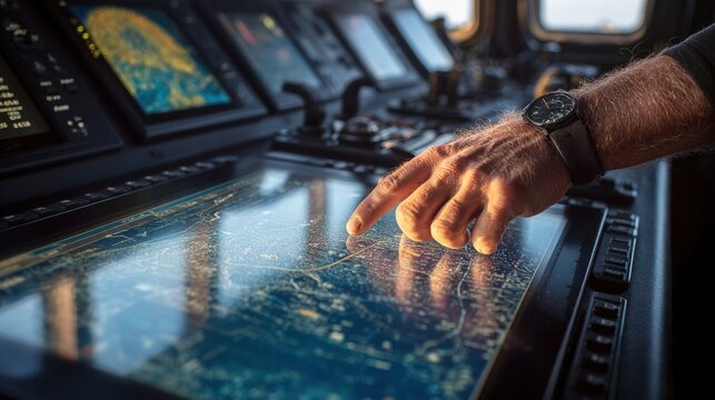 An overhead angle depicting a crew member operating a touchsensitive electronic chart display with their fingers navigating menus and zooming in on nautical maps surrounded by the hightech