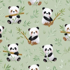 Cute panda pattern with playful bears and bamboo on light green background