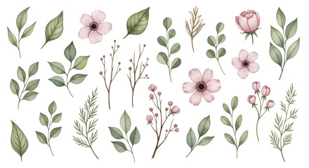 Elegant watercolor botanical designs featuring fresh green leaves, delicate pink flowers, and subtle berry branches