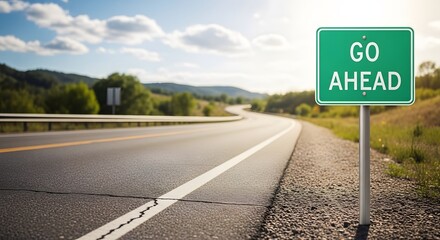 Naklejka premium Go Ahead Embrace the Journey, a scenic road trip awaits. Adventure calls, drive towards your dreams. Success is on the horizon.