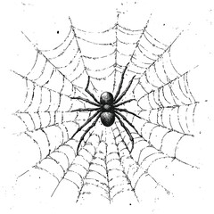 Fototapeta premium Hand-drawn spider web sketch, vintage cobweb engraving, antique lace surface, Halloween style, etched intricate design, retro woven pattern, vector illustration, spooky background.