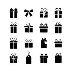 Gift Box Set: A collection of stylized gift box icons, perfect for adding a touch of elegance and anticipation to your design project. It captures the essence of giving, celebration.
