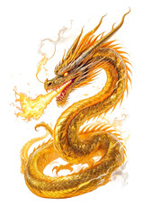 Obraz premium Majestic Dragon: An impressive and dynamic illustration of a gold-scaled dragon, exhaling a fiery breath, embodies strength and mystique in a powerful display of mythological prowess.