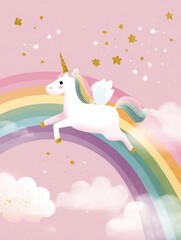 Magical unicorn with wings on rainbow with stars and clouds in whimsical pink sky