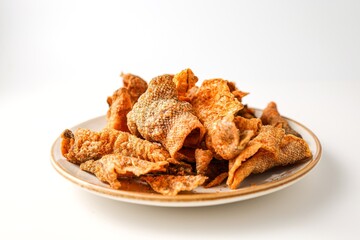 crispy salmon skin,fried salmon skin in ceramic plate on white background