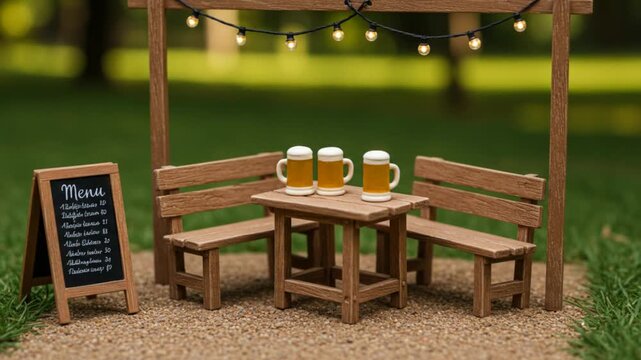 Mini Beer Garden Table Set Small Wooden Benches Steins Menu Signboard Chalk And Hanging String Lights Unlit