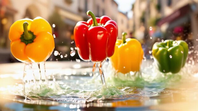 Vibrant Bell Peppers Splashing in Sunny European Street Scene:  High-Resolution Stock Footage
