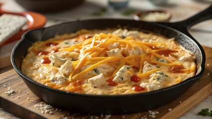 Buffalo chicken dip recipe: easy cheesy appetizer with blue cheese and cheddar in cast iron skillet.