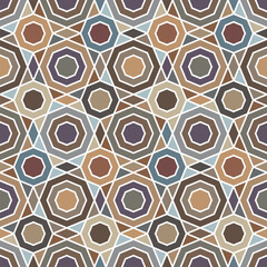 Seamless repeating pattern with a geometric multicolored mosaic design of concentric triangles and octagons on a white background. Abstract vector illustration for textile, wrapping, and wallpaper.