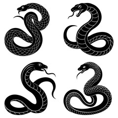 Obraz premium Four black and white stylized snakes in various poses with tongues sticking out on a white background