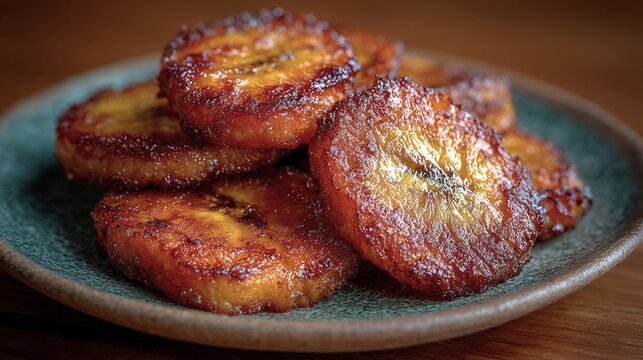 A plate of fried bananas sits on a wooden table. The bananas are golden brown and appear to be crispy. The plate is small and the bananas are piled on top of each other